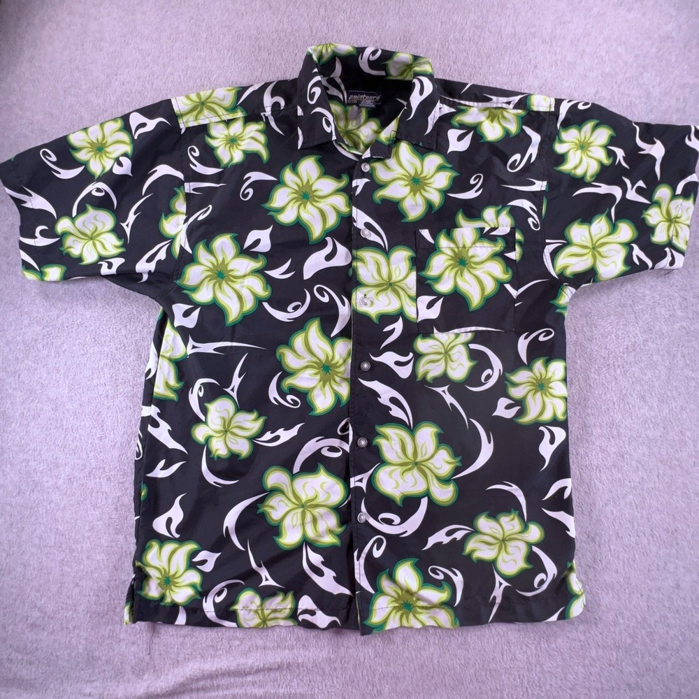 Point Zero Mens Large Black Lime Green Floral Short Sleeve Button Up Shirt